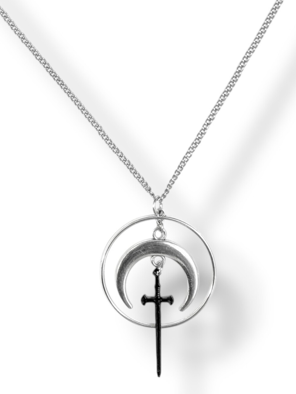 NWT Handmade Silver Crescent Moon Black Sword Hoop Layered Long Necklace